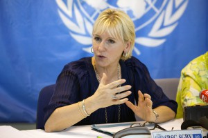 Margot Wallström, the Special Representative of the Secretary General of the United Nations in charge of Sexual Violences speaks during a press conference in Kinshasa on October 6, 2010, after the arrest of Lt-Col Mayele by UN authorities who is  suspected of being one of the main people behind the mass rapes and other sexual attacks commited between July 30th and August 2nd, 2010 in the area of Walikale, North Kivu province, DRC. This arrest happend during the visit to DRC of Wallstrom to the country which she called the World rape capital. According to a United Nations reports, 2240 cases of rape have been reported the first semester 2010 in the North Kivu province only.   AFP PHOTO / GWENN DUBOURTHOUMIEU (Photo credit should read Gwenn Dubourthoumieu/AFP/Getty Images)